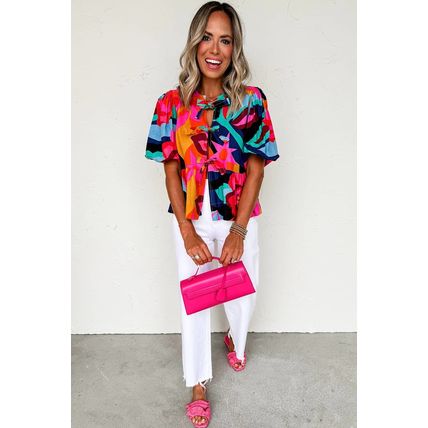 Red Abstract Floral Print Front Tied Puff Sleeve Babydoll Blouse