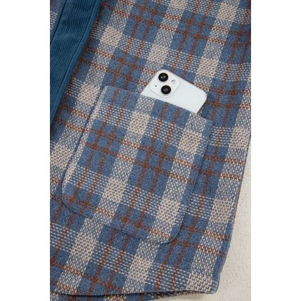 Gray Plaid Corduroy Patchwork Collared Zip Up Snap Button Jacket