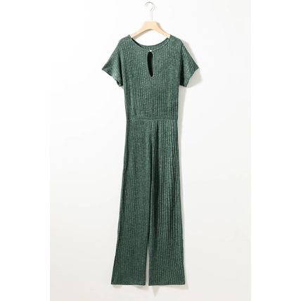Mist Green Ribbed Keyhole Short Sleeve Wide Leg Jumpsuit