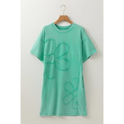 Mint Green Mineral Wash Flower Patchwork Mini T Shirt Dress
