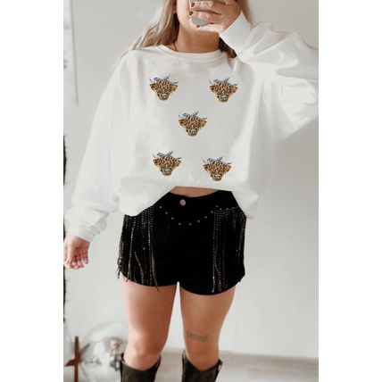 White Sequin Heifer Patched Drop Shoulder Sweatshirt