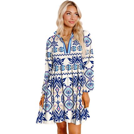Blue Ethnic Print Striped Split Neck Long Sleeve Flowy Mini Dress