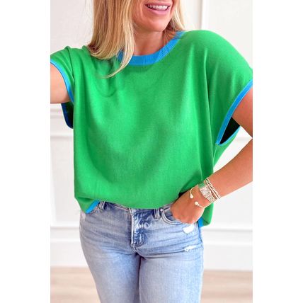Green Contrast Trim Round Neck Short Sleeve Loose Knit Sweater