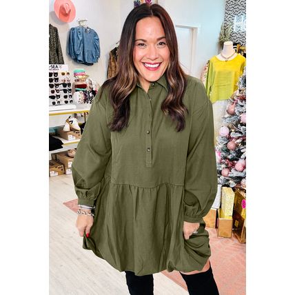 Four Leaf Clover Plus Size Collar Half Button Long Sleeve Ruffle Hem Mini Dress