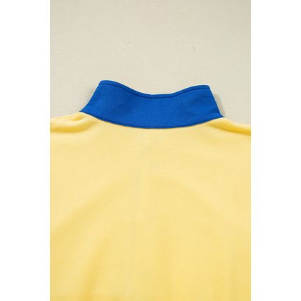 Yellow Color Block Patchwork Half Button Pullover and Shorts 2pcs Outfit