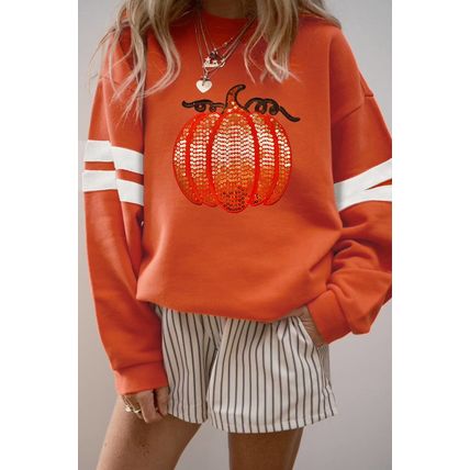Orange Sequin Pumpkin Patched Oversize Varsity Sweatshirt