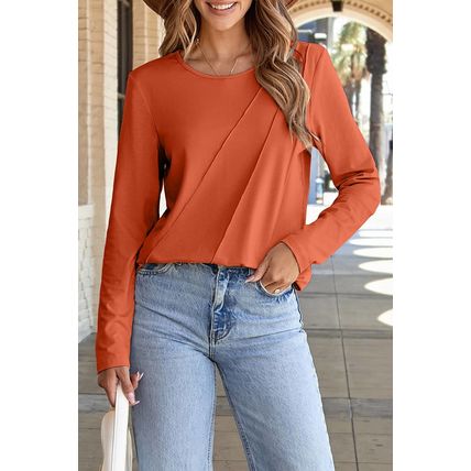 Red Clay Asymmetric Seam Detail Solid Color Long Sleeve Top