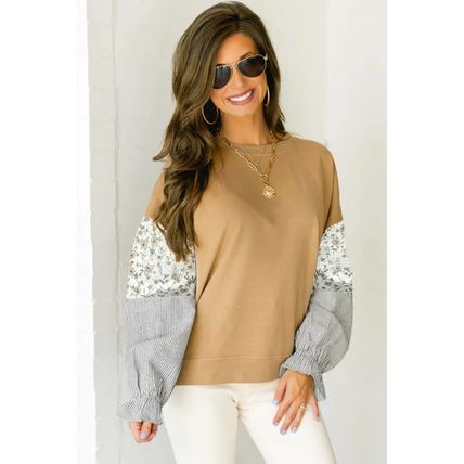 Camel Floral Striped Patchwork Ruffled Sleeve Crew Neck Sweatshirt