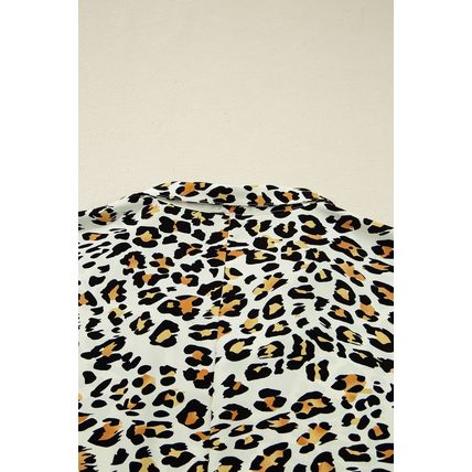 Khaki Leopard Print Contrast Striped V Neck Blouse