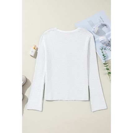 White Lightweight Ribbed Knit Button Front V Neck Cardigan