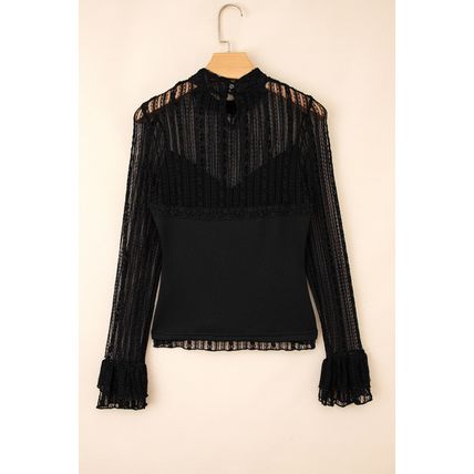 Black Lace Patchwork Flounce Sleeve Slim Fit Top
