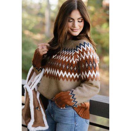 Khaki Aztec Print Colorblock Crew Neck Sweater