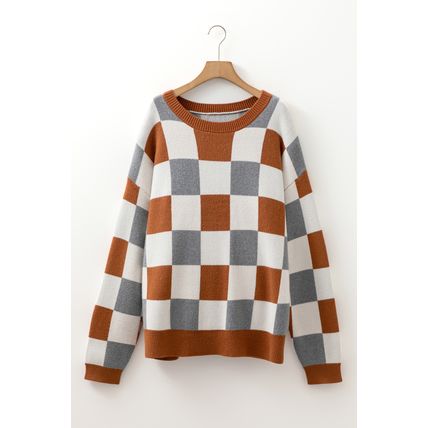 Brown Plus Size Checkered Crewneck Sweater