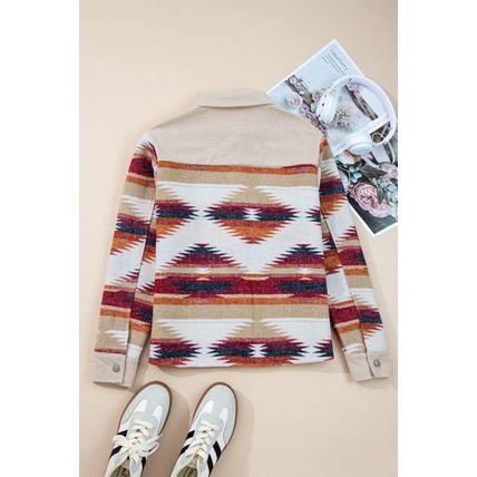 Multicolour Western Aztec Striped Patchwork Double Flap Pocket Raw Hem Shacket