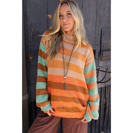 Orange Stripe Color Block High Neck Drop Shoulder Cozy Sweater