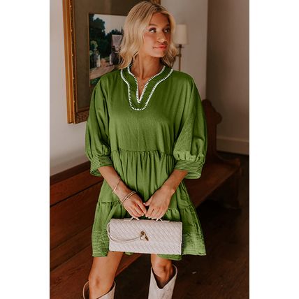 Jungle Green Contrast Stitched V Neck 3/4 Sleeve Tiered Mini Dress