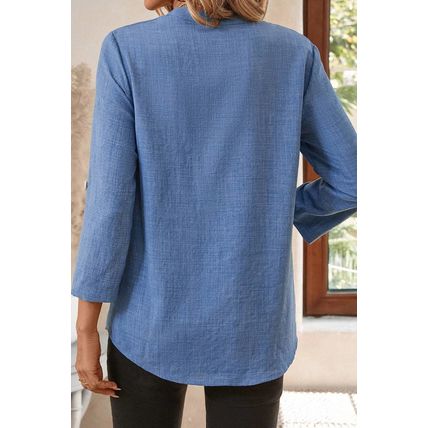 Ashleigh Blue Solid Color Notched V Neck Roll up 3/4 Sleeve Blouse