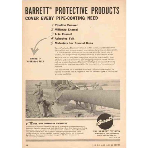 allied chemical dye corp 1950 barrett protective pipe coat vintage ad