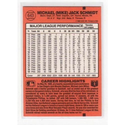 1990 Donruss Mike Schmidt baseball card #643 -HOF- Phillies