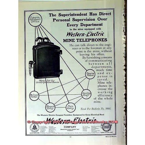 WESTERN ELECTRIC 1910 Superintendent mine telephone vintage ad