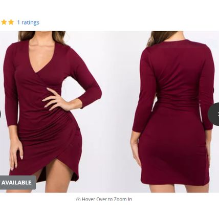 Style Clad Women's 3/4 Sleeve V-Neck Ruched Bodycon Wrap Dress Burgundy, L