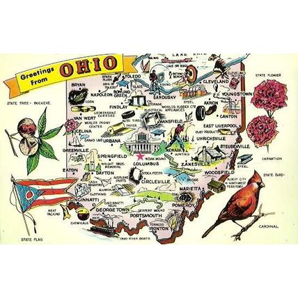 United States OHIO Map Postcard (Evans/Tichnor K-4945)
