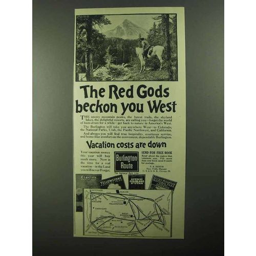 1922 Burlington Route Railroad Ad - Red Gods Beckon