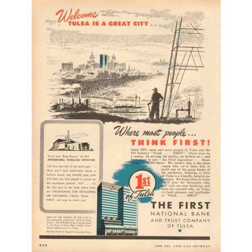 FIRST NATIONAL BANK TRUST OF TULSA 1953 Welcome great city vintage ad