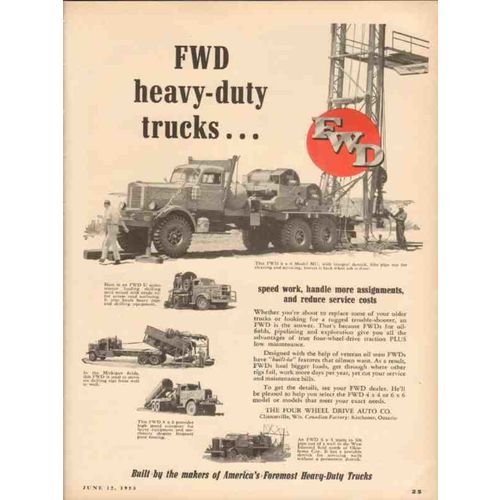 FOUR WHEEL DRIVE AUTO COMPANY 1953 FWD heavy-duty trucks vintage ad