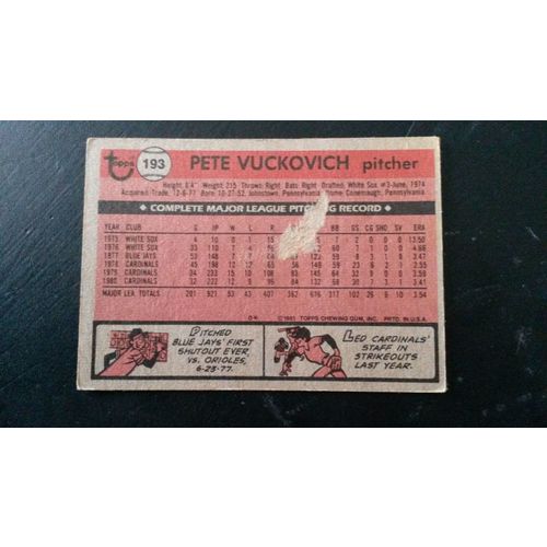 1981 Topps Card # 193 Pete Vuckovich Poor (1) St Louis Cardinals