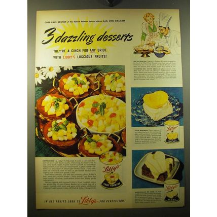 1950 Libby's Fruit Cocktail, Peaches and Pears Ad - 3 dazzling desserts