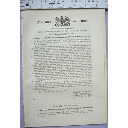1903 Patent No. 26,568 manufacturing works of art, John Philip Dumas, Clapham