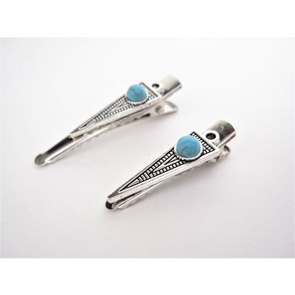 Small blue stone silver metal alligator hair claw clip clamp for fine thin hair
