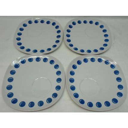 4 VINTAGE RETRO JONAS ROBERTS 9" Snack Plates Saucers Circles Blue Polka Dots
