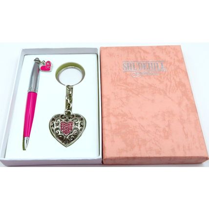 Pink Pen with Heart Charm & Heart Keyring Set Boxed Gift Writing Black Ink