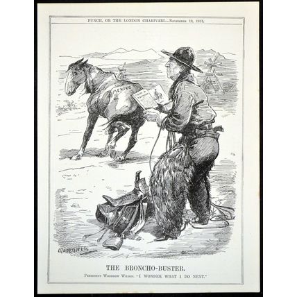 BRONCO-BUSTER 1913 Leonard Raven-Hill - Woodrow Wilson PUNCH CARTOON PAGE