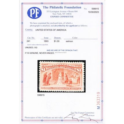 241, Mint FVF NH $1 Columbian With PFC Certificate * Stuart Katz