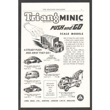 Tri-ang MINIC PUSH and GO SCALE MODELS toys :- Original Vintage 1954 Advert