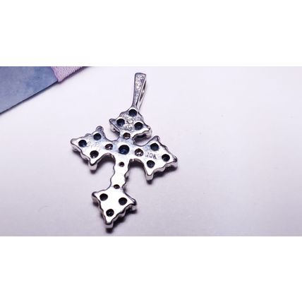 Estate .31ctw Natural Rd Diamond and Blue Sapphire 10Kt WG Cross Pendant #22466