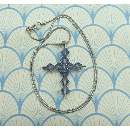 Vintage 925 Sterling Silver and Purple Crystal Glass Bead Cross Pendant Necklace