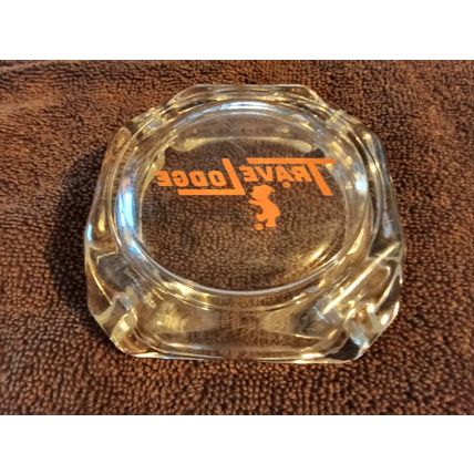 Old Vintage Travel Lodge Motel Ashtray Clear Glass & Orange Logo 4" Square 1970s