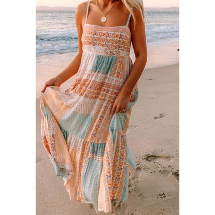 Multicolor Boho Patchwork Print Square Neck Sundress