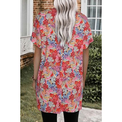 Multicolor Boho Flower Print Short Sleeve Tunic Top