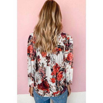 Red Retro Floral Long Sleeve Blouse