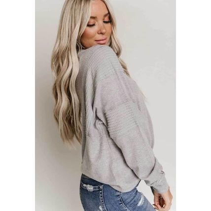 Gray Waffle Patchwork Dolman Sleeve Henley Top