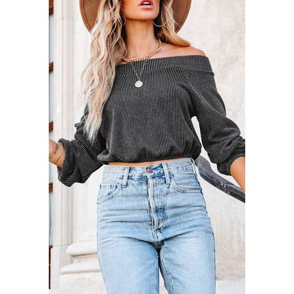 Gray Ribbed Knit Off-Shoulder Balloon Sleeve Top