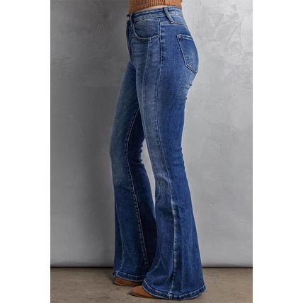 Dark Blue Plus Size Stitching Washed Flare Jeans
