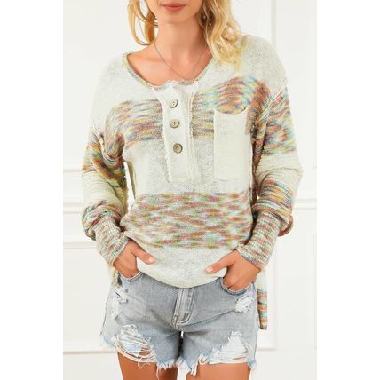 Multicolor Space Dye Henley Knit Sweater