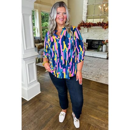 Blue Plus Size Brushstroke Print 3/4 Sleeve Blouse