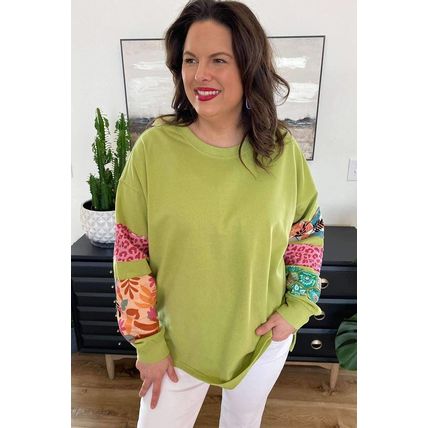 Green Plus Size Printed Patchwork Sleeve Split Sweatshirt